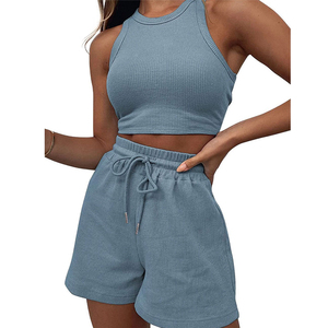 Women 2 Piece Rib <b>Knit</b> <b>Set</b> Sleeveless Crop Top Drawstring Shorts Solid Color Casual Spring Summer Wear - Product Image 1