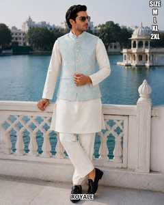 Designer <b>Mens</b> Wear Malai Satin <b>Kurta</b> And Malai Satin Payjama With Jacquard Koti Set - Product Image 3