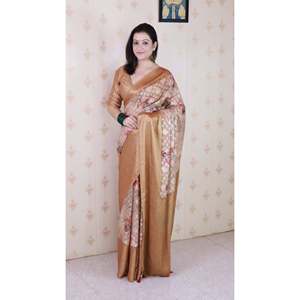 Sari Tradicional Chino de Georgette Suave Marrón con Estampado Floral y Tejido Zari de Elite Weaves, 450g - Product Image 6