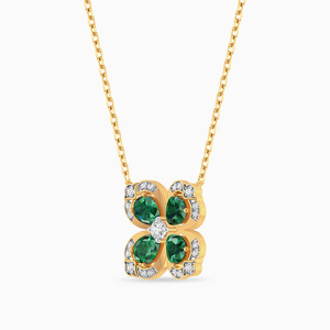 Flower Pendant Necklace With <b>Emerald</b> Cut Green Stones And Round Brilliant Cut Diamonds In Yellow Gold For Women's Everyday Wear - Product Image 3