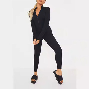 Combinaison moulante noire à manches longues et col en V avec fermeture éclair, taille haute, couleur unie, effet ventre plat, pour femme, style streetwear - Product Image 6
