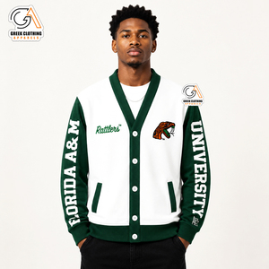 Suéter Cárdigan FAMU Rattlers con Logotipo Bordado, Verde y Blanco, Manga Larga, Invierno, Color Sólido, para Hombre, 100% Poliéster, Antiarrugas - Product Image 4