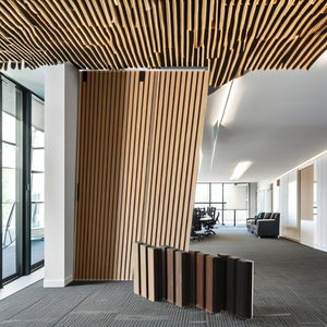 Panneau acoustique incurvé de conception moderne 1220*2420mm, insonorisant, 21mm MDF bois massif, isolation 100% fibre de polyester, écologique - Product Image 5