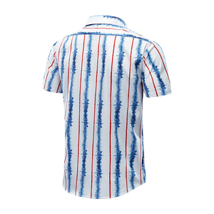 Chemise décontractée pour homme à manches courtes, style hawaïen, rayée bleu, rouge et blanc, col rabattu, en popeline respirante, polyester, pour l'été - Product Image 2