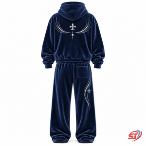 Conjunto de Sudadera con Capucha y Pantalones de Terciopelo OEM Navy Manor Script con Pedrería de Cristal, 95% Algodón, 5% Elastano, Lujoso y Oversize - Product Image 2