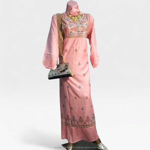 <b>White</b> Embroidered Modal Abaya Dress with Red Turquoise Floral Motifs Long Sleeve Elegant Traditional Party Wear - Product Image 6