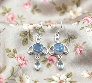 Pendientes Colgantes de Topacio Azul Cianita Natural, Plata de Ley 925, Chapados en Oro Rosa y Oro Amarillo, Joyería de Piedras Preciosas Hecha a Mano para Mujer - Product Image 1