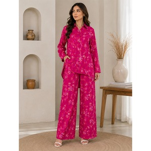 Premium Women's Floral Printed 2 Piece Co-Ord Set Long Sleeve High-Low Button <b>Down</b> Shirt with Wide Leg <b>Trousers</b> Casual Wear - Product Image 3