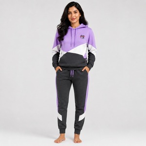 Ensemble de survêtement à capuche color block pour femme, avec poches latérales pleine longueur, style décontracté automne, mélange coton élasthanne, vente en gros - Product Image 1