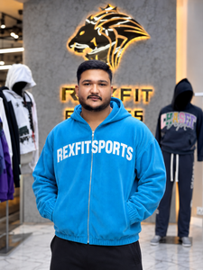 เสื้อฮู้ดซิปอัพผ้าคอร์ดูรอยสีฟ้าสกายบลูแบบสั่งทำพิเศษ REXFITSPORTS 2026 รุ่น Unisex บุขนเฟลซ สไตล์สตรีทแวร์ ซิปยาวเต็มตัว พร้อมลายกราฟิกที่แขนเสื้อ - Product Image 6