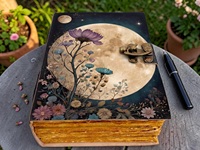 Carnet Grimoire Vintage en Cuir de Buffle, Motif Lune Céleste et Fleurs, Reliure Cousue, Papier à Bords Frangés Fait Main, Multicolore