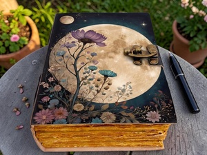 Buffalo Leather Celestial Moon <b>Journal</b> Flower Vintage Grimoire Notebook Sewing Bound Handmade Deckle Paper <b>Diary</b> Multi Color - Product Image 5
