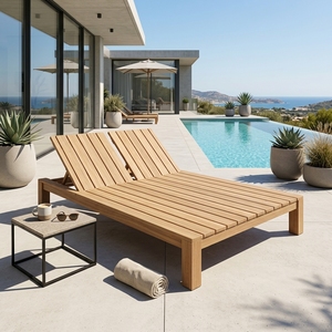 Tumbona Doble Moderna de Madera Maciza, Elegante Tumbona Reclinable de Teca para Exteriores, Muebles para Resort de Lujo, Diseño Artístico para el Borde de la Piscina - Product Image 2