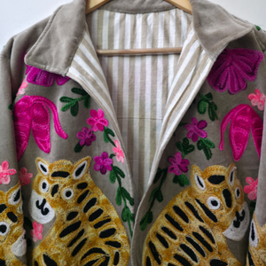 <b>Womens</b> <b>Brown</b> Velvet Breathable Cotton Shell Embroidered <b>Jacket</b> Handmade Boho Statement Outerwear with Striped Lining - Product Image 3
