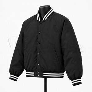 Chaqueta Bomber Varsity Negra Personalizada para Hombre, Chaqueta Universitaria Unisex con Cuello y Puños Acanalados a Rayas, Chaqueta de Béisbol Estilo Urbano, OEM ODM - Product Image 3