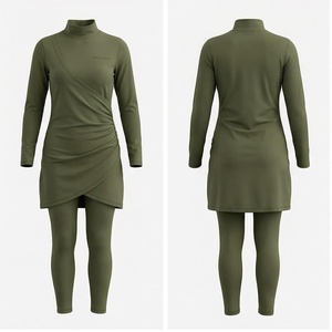 North Approach 2 Piece Yoga Set Turtleneck Asymmetric Draped Knee Length Solid <b>Olive</b> <b>Green</b> Seamless Sweat Wicking Breathable - Product Image 1