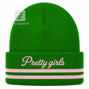 Bonnet en tricot personnalisé Alpha Kapa Alpha Sorority, vert et rose, style décontracté, logo brodé avec rayures pour femme - Product Image 1