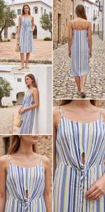 Robe midi rayée à fines bretelles avec boutons sur le devant et taille à nouer, décontractée, en lin et coton, coupe ample, pour l'été - Product Image 4