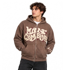 Sweat à capuche en molleton épais imprimé en relief pour homme, noir, entièrement zippé, chaud, épaules tombantes, poches fendues, style streetwear - Product Image 2