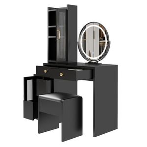 Modern Teak <b>Makeup</b> Vanity Table Set with LED <b>Mirror</b> Retractable Dressing Power Outlets 3 Light Colors Side Cabinet - Product Image 6
