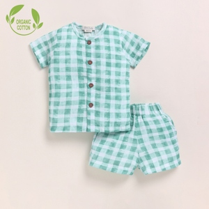 Organic Muslin Jabla <b>Set</b> for Baby Premium Quality Teal Checks Print Clothing - Product Image 1