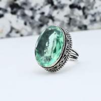 Bague en laiton plaqué argent avec péridot, grande pierre verte ovale, style vintage, bijou de déclaration