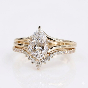 Ensemble de bagues de fiançailles en diamant de laboratoire poire de 2,45 carats, en or 14 carats, avec solitaire à tige fendue et alliance courbée, ensemble de bagues de mariée style tiara - Product Image 2