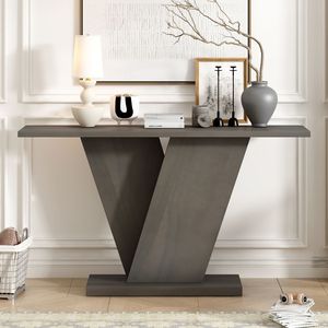 Mesa Consola Clásica Versátil Mirod con Base en V y Chapa de Madera Natural para Exhibir Artículos Favoritos - Product Image 2