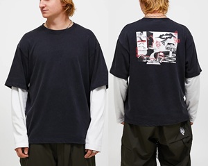 เสื้อยืดโอเวอร์ไซส์สีดำสำหรับผู้ชาย แขนเสื้อสีขาวตัดกัน พิมพ์ลายดีไซน์เอง คอกลม สไตล์สตรีท ผ้าคอตตอนเจอร์ซีย์ แขนสั้น - Product Image 3