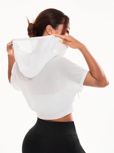 <b>Women's</b> <b>White</b> Chiffon Hooded <b>Crop</b> <b>Top</b> With Zipper Short Sleeve Summer Breathable Unlined Solid Color Casual Style - Product Image 5