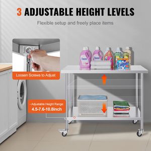 Banco da Lavoro in Acciaio Inox Resistente 24 X 48 X 38 Pollici con 4 Ruote e 3 Livelli di Altezza Regolabili per Preparazione Alimenti - Product Image 5