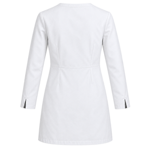 เสื้อกาวน์แพทย์สีขาวสดใส ไม่มีปก กระดุมสองแถว สั่งตัดได้ ขายส่ง ชุดยูนิฟอร์มทางการแพทย์สำหรับบุรุษและสตรี ชุดทำงานด้านสุขภาพ สีเทา กระดุมสีดำ - Product Image 2