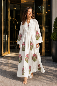 Wholesale Women White Cotton Hand Block Print <b>Kaftan</b> Boho Maxi Dress V Neck Wide Sleeve Floral Simple Formal Eco-Friendly <b>Summer</b> - Product Image 6