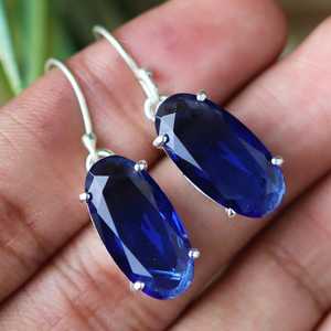 Boucles d'oreilles pendantes en saphir bleu en gros, en argent sterling 925, faites à la main, ovales, facettées, pour femmes - Product Image 6