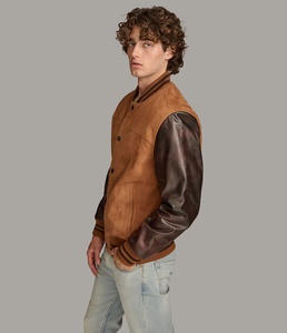 Men's Brown <b>Suede</b> Varsity <b>Jacket</b> With Leather Sleeves Button Closure Casual Wear Street Fashion <b>Jackets</b> - Product Image 2