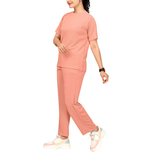 Women's Pink Tracksuit Short Sleeve Crew Neck Loose Fit Full Length <b>Pants</b> Side Pockets Elastic Waist Casual Wear - Product Image 2