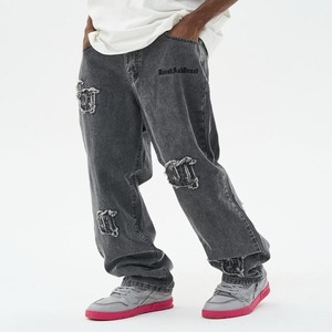 Jean en denim déchiré à jambe large pour homme avec logo brodé, coupe décontractée, taille mi-haute, grande taille, en coton - Product Image 4