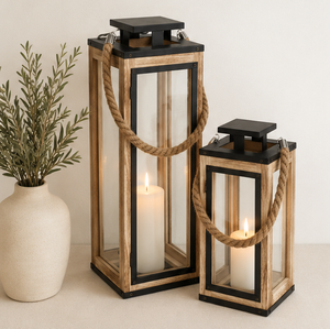 Handcrafted Rustic Wooden Candle Lantern with Jute <b>Rope</b> Handle Vintage Farmhouse Glass Lantern for Indoor Outdoor Decor - Product Image 6