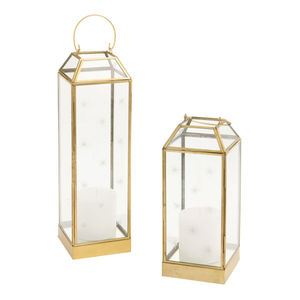 Farol de metal dorado estilo marroquí con acabado en latón y paneles de vidrio transparente para exhibición en mesa y portavelas decorativo colgante - Product Image 2