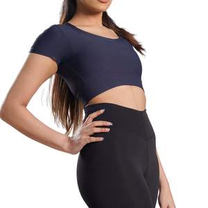 Custom Manufacturer Women Ribbed Slim Fit Crop <b>Top</b> Short Sleeve Stretch Breathable Yoga Gym Workout Fitness Activewear Tee - Product Image 3