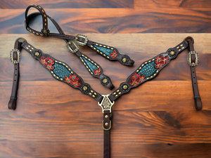 Ensemble de sellerie western : têtière, collier de poitrine et rênes pour selle western – Cuir durable de haute qualité – Équipement équestre complet et parfait - Product Image 2