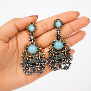 Wholesale Supplier ARTS JEWELS Oxidized Silver Antique Gold Plated Dangle Drop Earrings ER-69 Bulk Supplier Blue Cat Eye Stone - Product Image 4