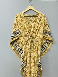 Bagru Print Green Cotton Handmade Natural Waist <b>Kaftan</b> Women Comfortable Casual Floor-Length <b>Maxi</b> Dress Parties Sleepwear Summer - Product Image 3