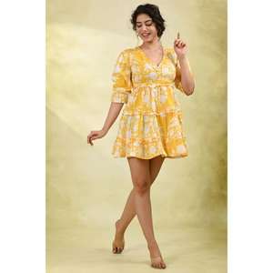 Vestido Mini Floral para Mujer, Amarillo, con Capas, Ecológico, Lavable, con Mangas 3/4, Ligero, Casual de Verano, Cintura Natural - Product Image 2