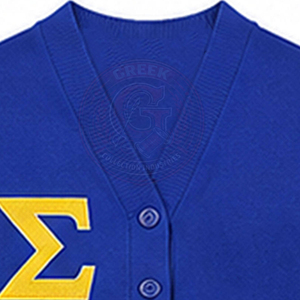 Cardigan bleu pour femme Sorority Sigma Gamma SGR, pull brodé avec logo lettres grecques, manches longues, col en V tricoté - Product Image 4