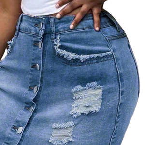 Womens High Waist Distressed Button Front <b>Denim</b> Mini Skirt Light Blue <b>Stretch</b> Slim Fit Casual Streetwear Summer Fashion - Product Image 3