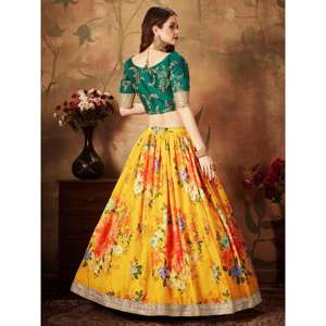 Organza nuptiale Lehenga Choli imprimé numérique floral jaune-vert - Product Image 4