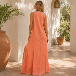Women's Peach Cotton Sleeveless Maxi Dress Side Slit Casual Summer Beach Vacation <b>Boho</b> Elegant Long Dress Lightweight Resort - Product Image 3