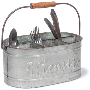 Organizador de utensilios de cocina de metal galvanizado estilo rústico con asa de madera, duradero, con 6 compartimentos, para mesa de cocina. - Product Image 5