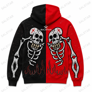 Custom Black <b>Red</b> Skeleton <b>Hoodie</b> Men's Gothic Rhinestone Embroidered Zip Up Hooded Sweatshirt Streetwear Fashion - Product Image 4